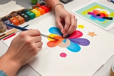 Hands painting a custom design on fabric poster material.