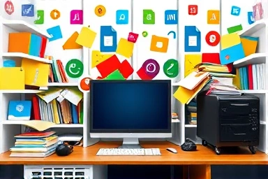 Organized digital files emerging from digital clutter on a desk.