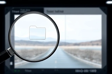 Magnifying glass revealing duplicate files on a computer hard drive.