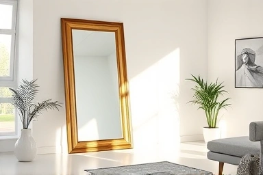 Modern living room with a full-length mirror enhancing space.
