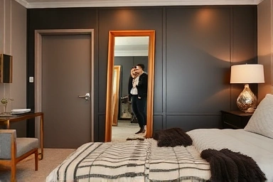 Bedroom with a full-length mirror for outfit checks and decor.