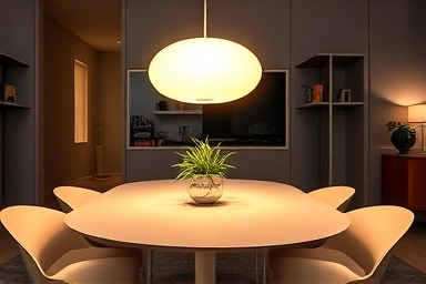 George Nelson Bubble Lamp above a dining table.