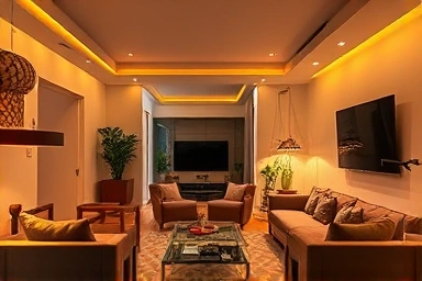 Modern living room with ambient smart lighting.