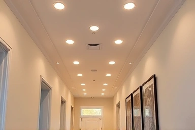 Modern hallway with recessed ceiling lights and elegant decor.