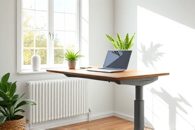 Modern home office with height-adjustable desk and natural light.