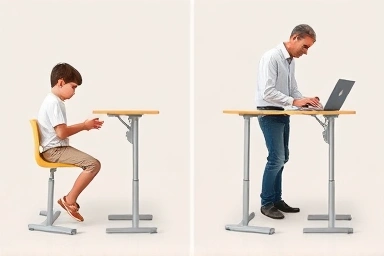 Child and adult using height-adjustable desk in different positions.