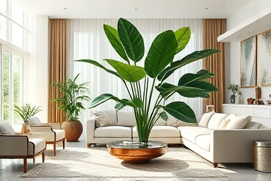 Elegant living room with realistic artificial plant centerpiece
