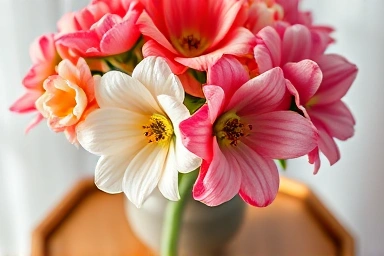 Close-up of lifelike artificial flower bouquet in vase