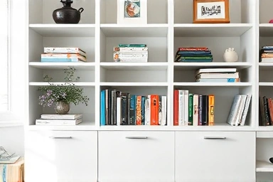 Organized IKEA Billy bookshelf with books and decor.
