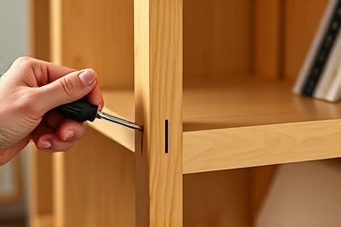Hands assembling IKEA Billy bookshelf with tools.