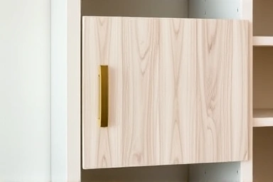 Close-up of customized IKEA BILLY bookshelf door with brass handle