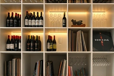 IKEA KALLAX repurposed as a stylish home bar and LP storage.