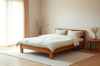 Serene Japandi bedroom with natural light and wooden furniture.