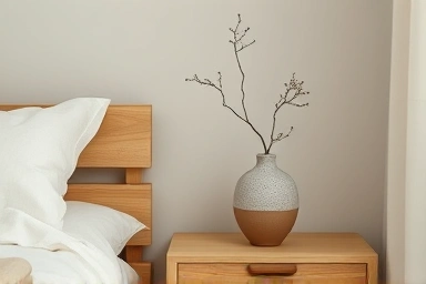 Japandi bedroom detail: natural textures and minimalist decor.