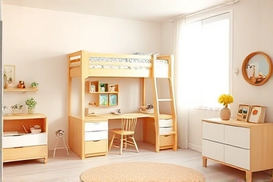 Space-saving bunk bed desk set for kids' room
