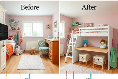 Kids' room transformation with bunk bed desk