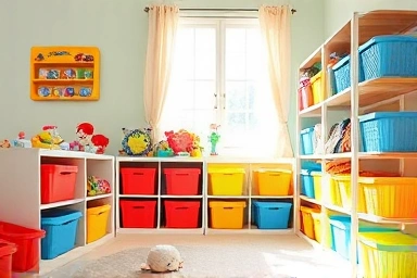 Organized child's bedroom with colorful toy storage.