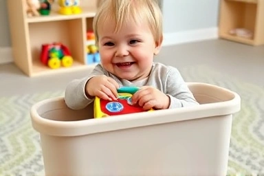 Child putting toy into easy-access storage bin.