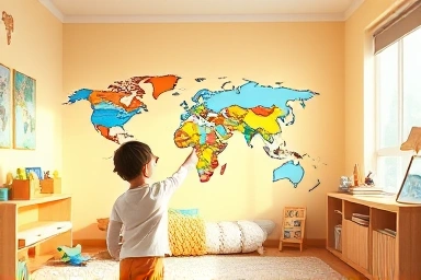Child pointing at world map sticker in bedroom, inspiring imagination.