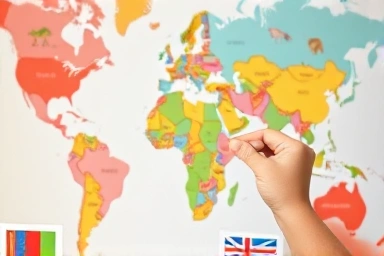 Child's hand placing flag sticker on colorful world map wall decal.