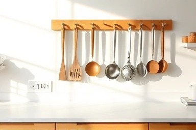 Modern kitchen organized with wooden wall-mounted utensil rack.