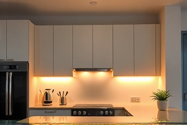 Warm ambient light under kitchen cabinets, modern kitchen design.