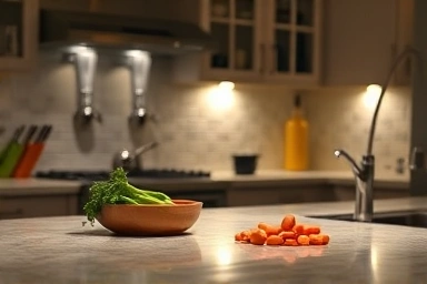 Close-up of illuminated kitchen countertop, practical indirect lighting effect.