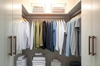 Organized closet with vertical folding and natural light.