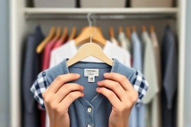 Person feeling 'spark joy' from organized clothes.