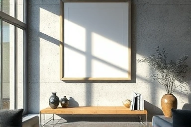 Stylish living room with a large framed artwork on a concrete wall.