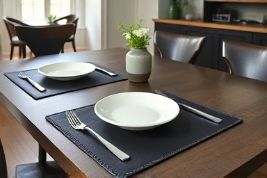 Elegant dining table with charcoal leather placemats.
