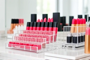 Clear acrylic lipstick organizer on a vanity table.
