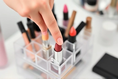 Hand selecting lipstick from a clear organizer.