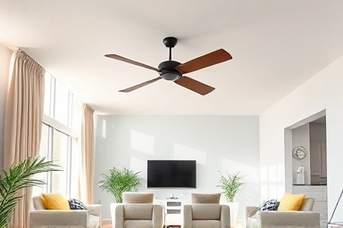 Modern living room with a stylish ceiling fan