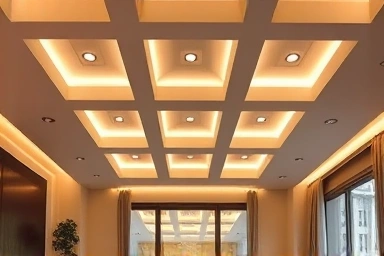 Living room coffered ceiling with indirect LED lighting