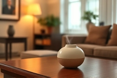Cozy living room with elegant diffuser and warm ambiance.