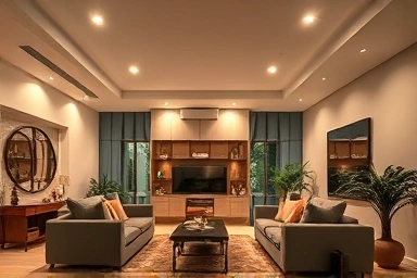 Cozy living room with soft, warm ceiling downlights