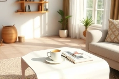 Cozy living room transformed into a home cafe with a stylish coffee table.