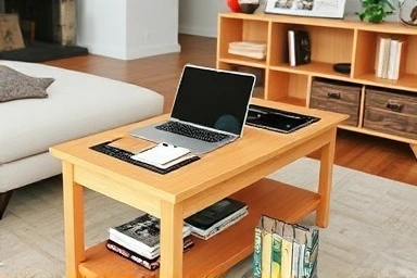 Versatile lift-top coffee table maximizing space in a compact living room.