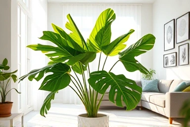 Bright living room with large Monstera plant and sunlight.