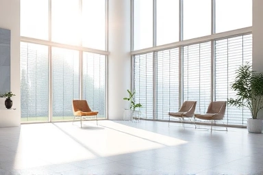 Modern living room with large windows and elegant blinds
