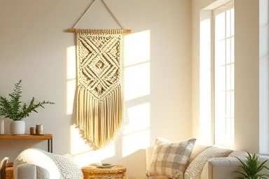 Handmade macrame wall hanging in a cozy living room.