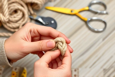 Close-up of hands tying macrame knots with cotton cord.