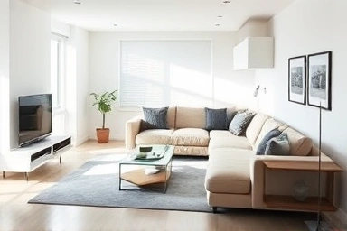 Modular sofa arrangement maximizing space in a small apartment living room.