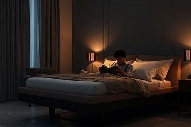 Person relaxing in adjustable bed, reading a book comfortably.