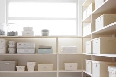 Minimalist room with Muji storage boxes, organized and serene.