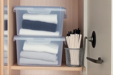 Muji polypropylene storage containers neatly stacked and organized.