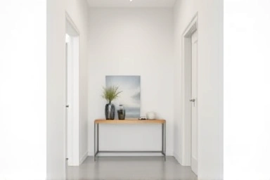 Slim console table in a narrow, bright entryway.