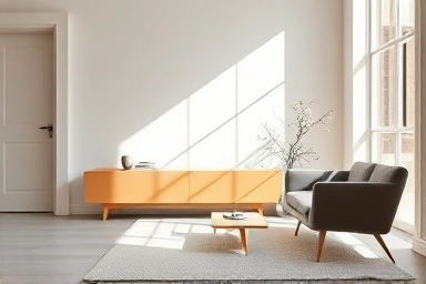 Modern narrow living room with sleek sideboard