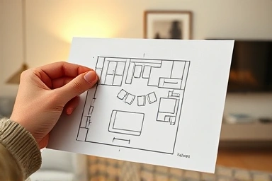 Interior design sketch of small living room sideboard placement